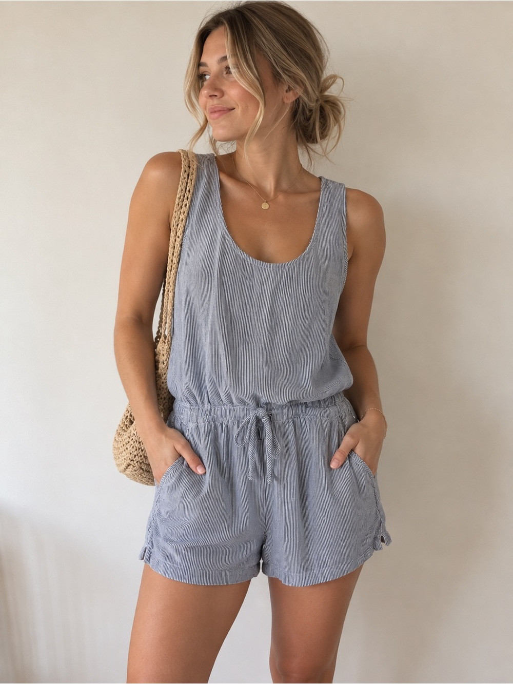 Banana Republic Striped Light Blue Sleeveless Scoop-Neck Romper Pinstripe